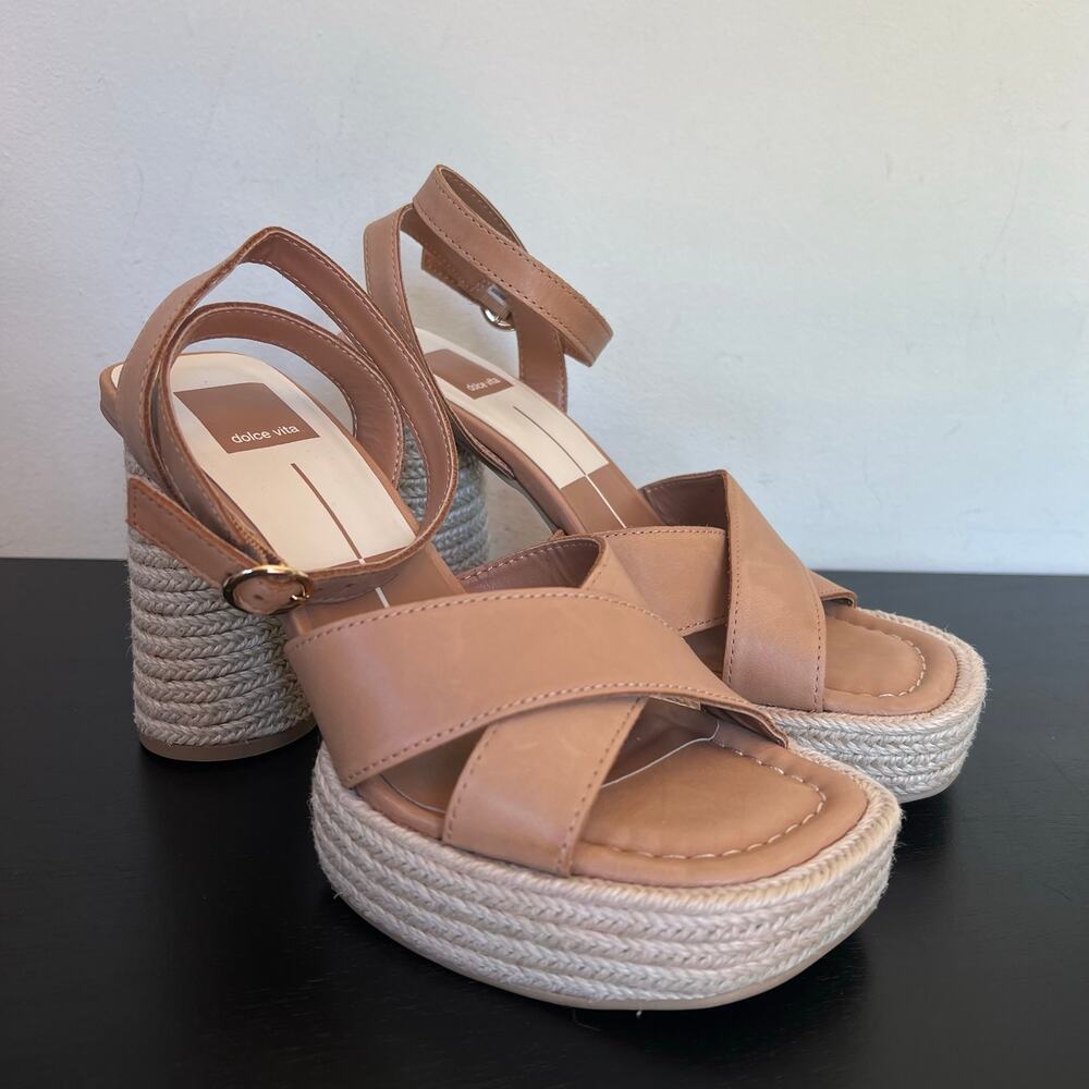 Dolce Vita Tan Brown Leather Platform Square Toe Espadrille Chunky Heel Sandal 7
